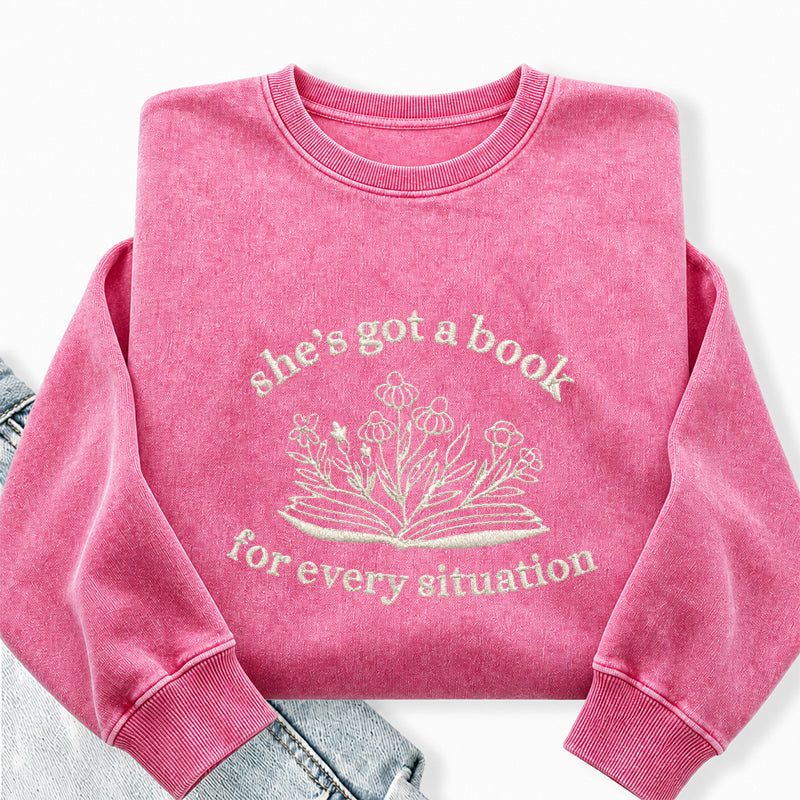 Embroidered She's Got A Book Washed Crewneck Sweatshirt
