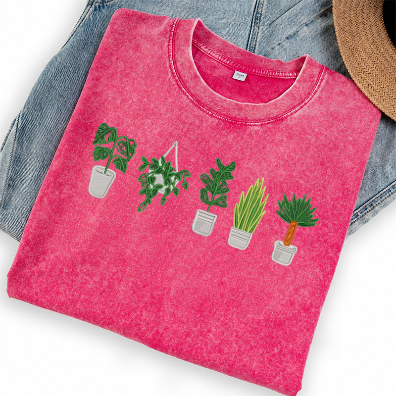 Embroidered Houseplant Washed Crew Neck T-Shirt