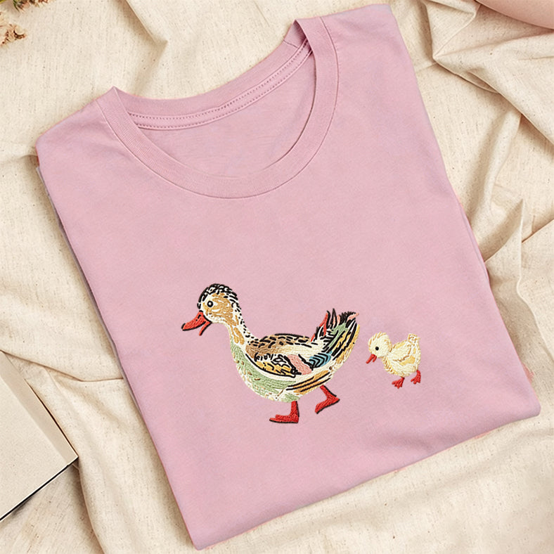 Embroidered Art Mama Duck & Ducklings Classic Adult Unisex Crew Neck T-Shirt