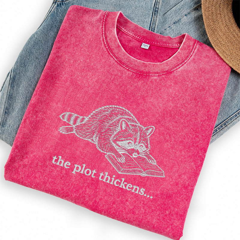 Embroidered The Plot Thickens Reading Raccoon Washed Crew Neck T-Shirt