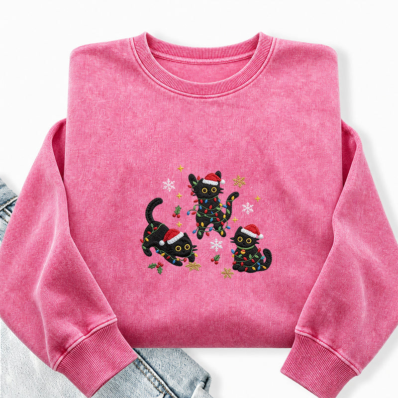Embroidered Black Cat Christmas Washed Crewneck Sweatshirt