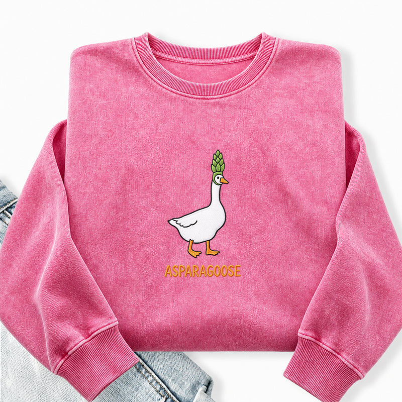 Embroidered Funny Asparagus Asparagoose Washed Crewneck Sweatshirt