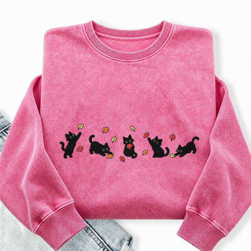 Embroidered Autumn Leaves Black Cats Washed Crewneck Sweatshirt