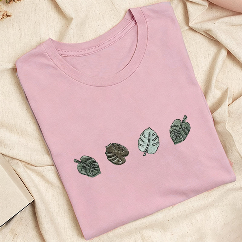 Embroidered Monstera Plant Classic Adult Unisex Crew Neck T-Shirt