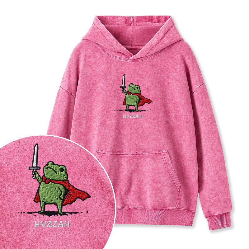 Embroidered Huzzah Frog with Sword Washed Hoodie