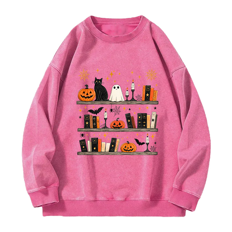 Halloween Book Shelf Washed Crewneck Sweatshirt