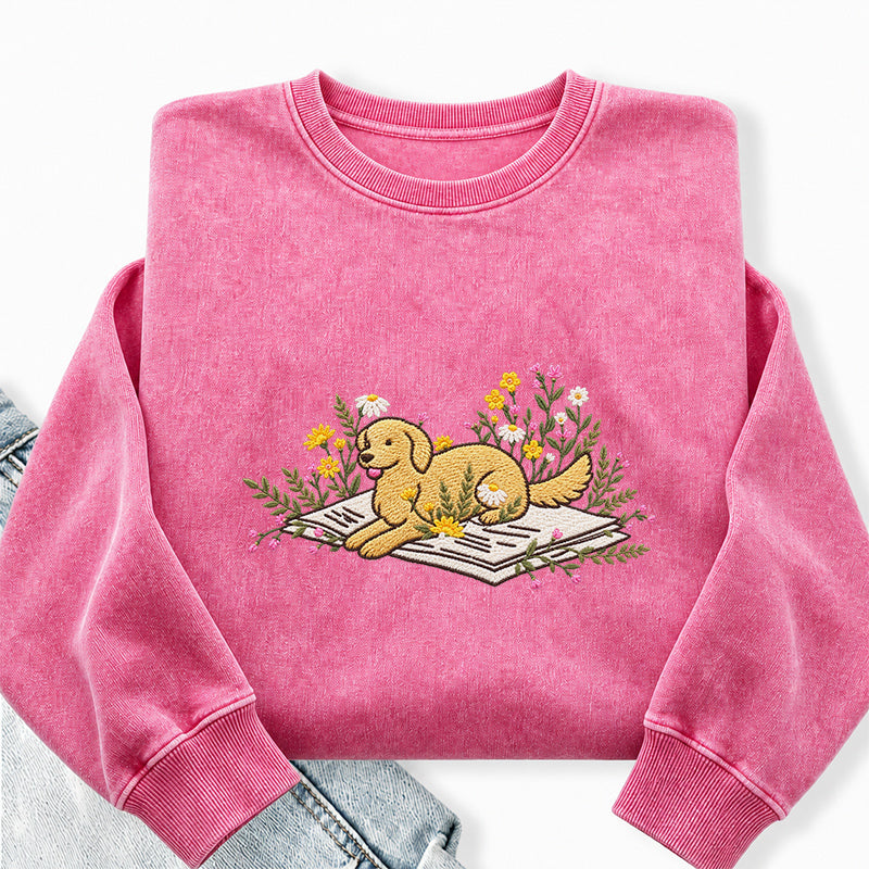 Embroidered Dog Lying On Book Washed Crewneck Sweatshirt