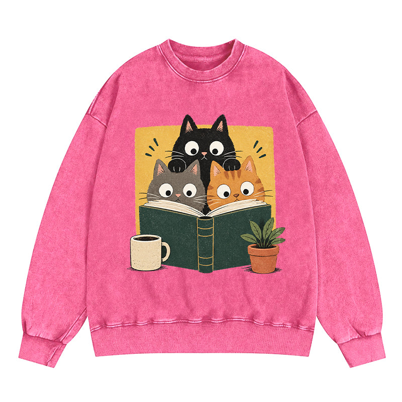 Retro Curious Reading Cats Washed Crewneck Sweatshirt