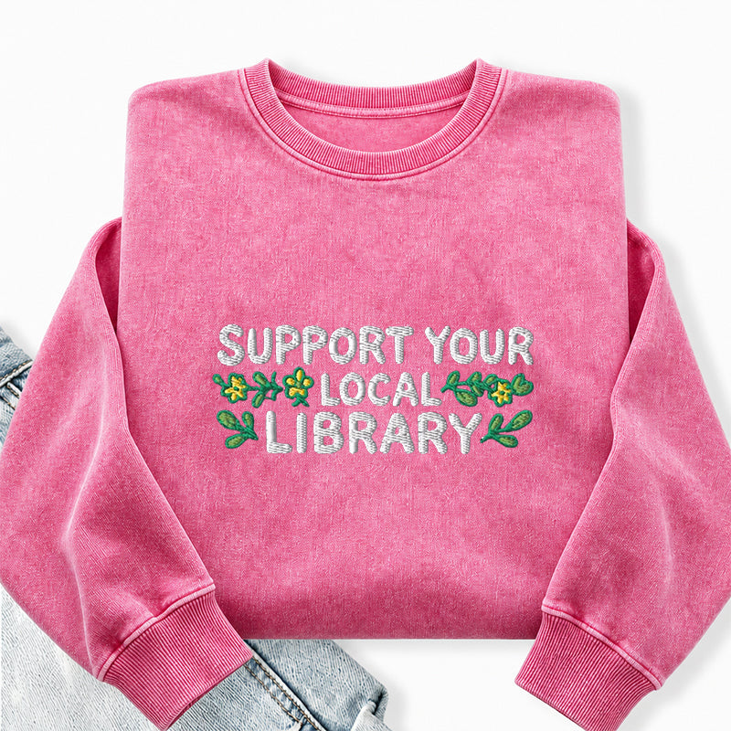 Embroidered Support Your Local Library Washed Crewneck Sweatshirt