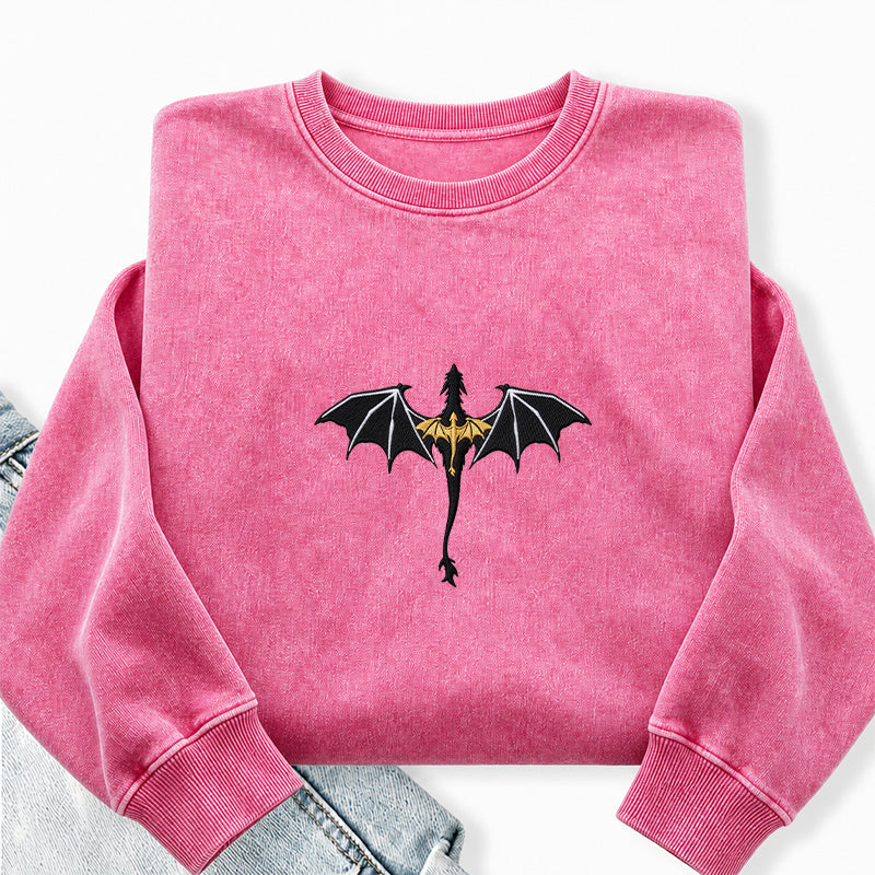 Embroidered Fantasy Book Dragon Washed Crewneck Sweatshirt