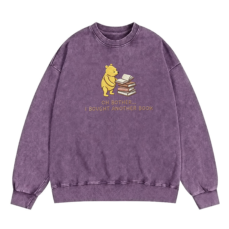 Embroidered Funny Bear Reading Books Washed Crewneck Sweatshirt