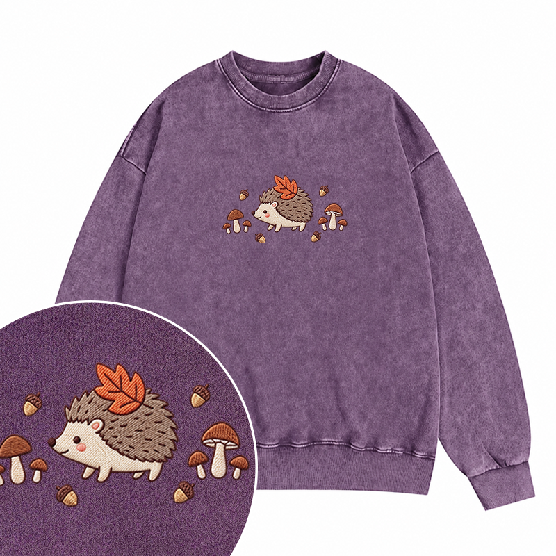 Embroidered Hedgehog Mushroom Washed Crewneck Sweatshirt