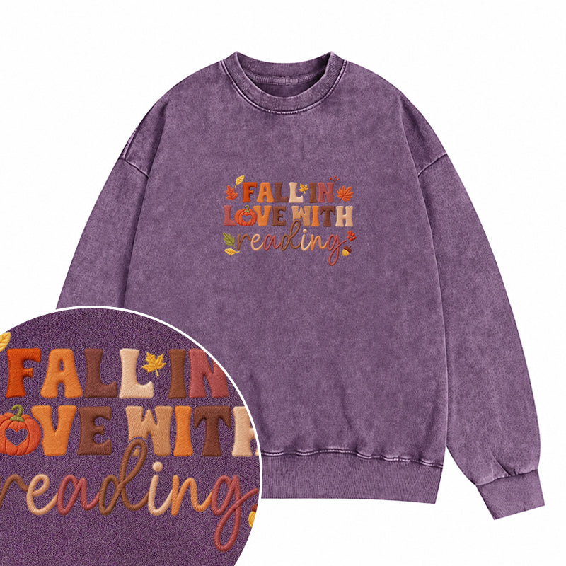 Embroidered Fall In Love With Reading Washed Crewneck Sweatshirt