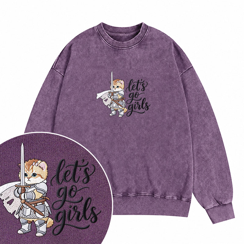 Embroidered Let's Go Girls Knight Cat Washed Crewneck Sweatshirt