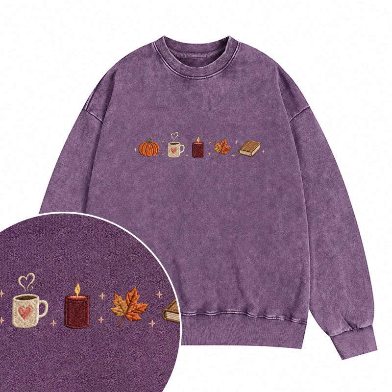 Embroidered Autumn Icons Washed Crewneck Sweatshirt