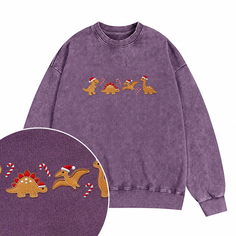 Embroidered Gingerbread Dinosaur Washed Crewneck Sweatshirt