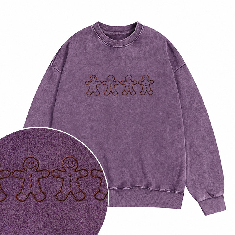 Embroidered Gingerbread Men Christmas Washed Crewneck Sweatshirt