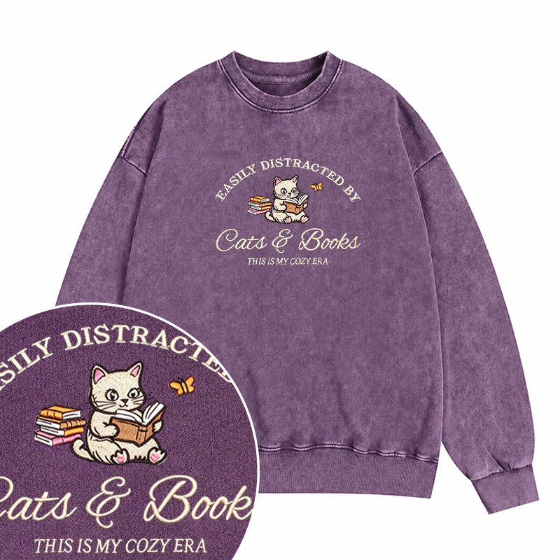 Embroidered Distracted By Cats and Books Washed Crewneck Sweatshirt