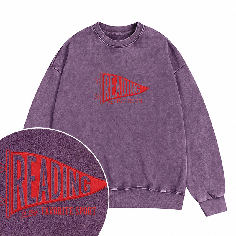 Embroidered Reading Is My Favorite Sport Washed Crewneck Sweatshirt