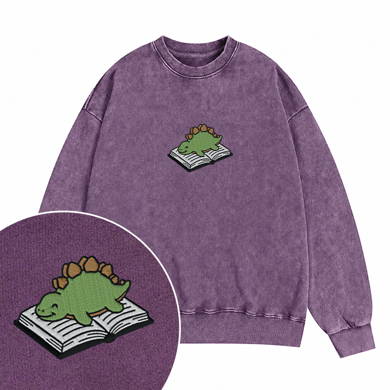 Embroidered Dinosaur Reading Books Washed Crewneck Sweatshirt