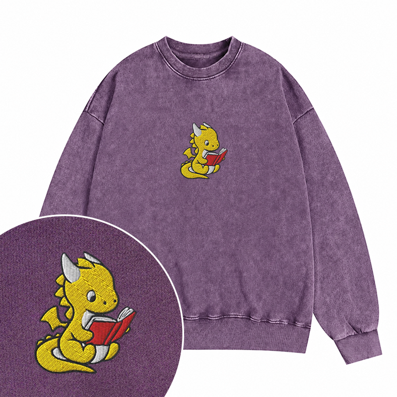 Embroidered Dragon Reading Books Washed Crewneck Sweatshirt