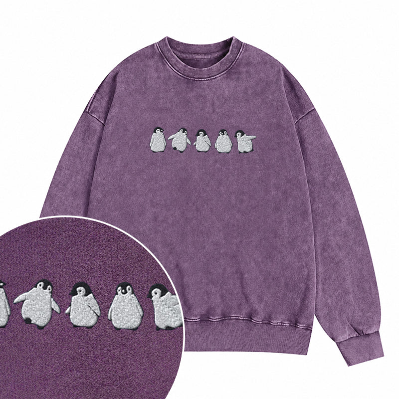 Embroidered Cute Penguins Washed Crewneck Sweatshirt