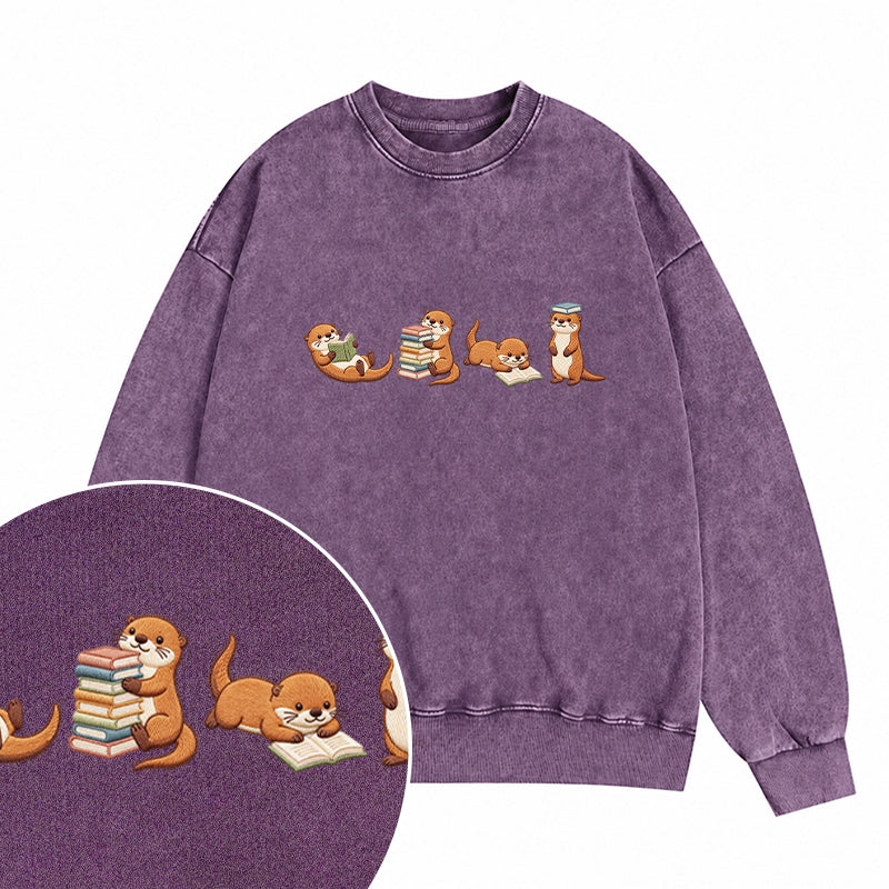 Embroidered Otter Reading Book Washed Crewneck Sweatshirt