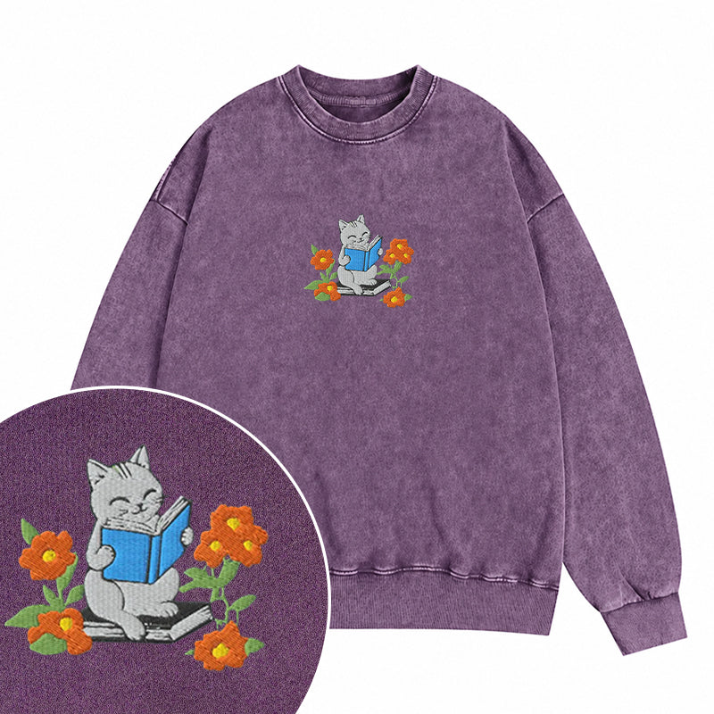 Embroidered Floral Bookish Cat Washed Crewneck Sweatshirt