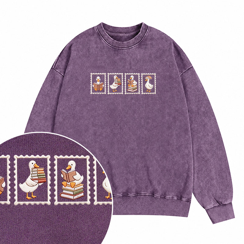 Embroidered Goose Reading Stamp Washed Crewneck Sweatshirt