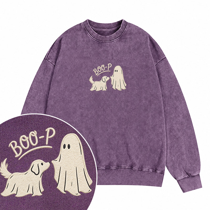 Embroidered Boo-P Ghost Dog Washed Crewneck Sweatshirt