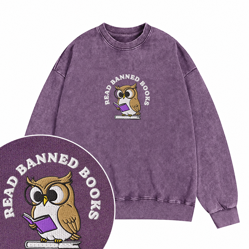 Embroidered Read Banned Books Owl Washed Crewneck Sweatshirt