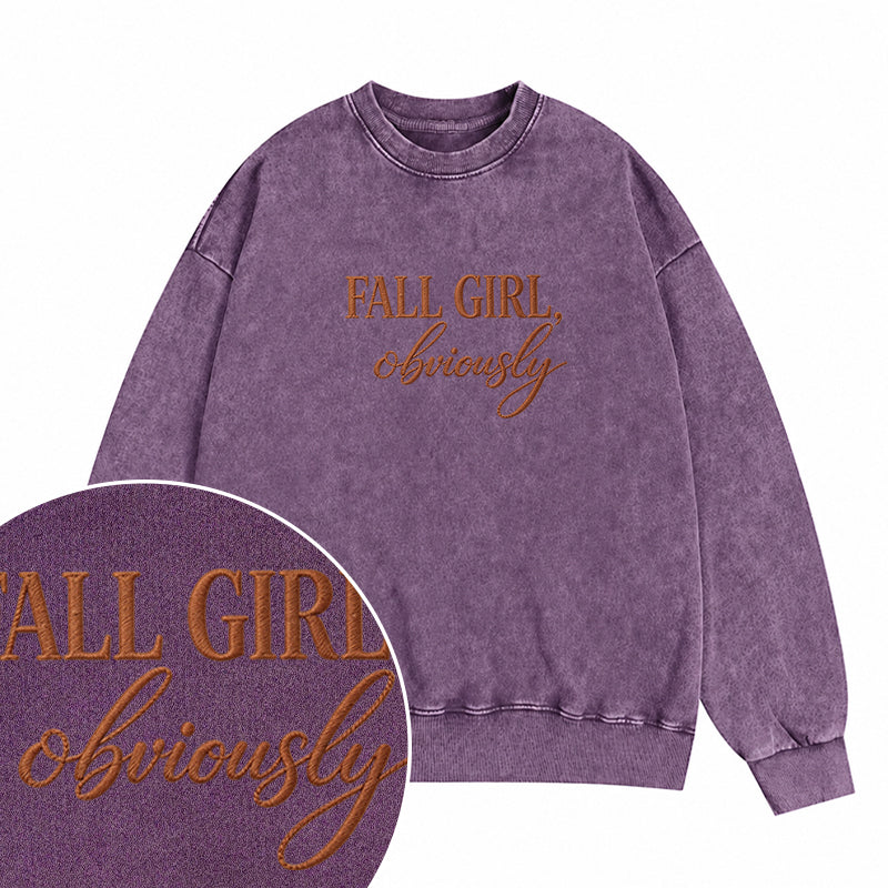 Embroidered Fall Girl Obviously Washed Crewneck Sweatshirt