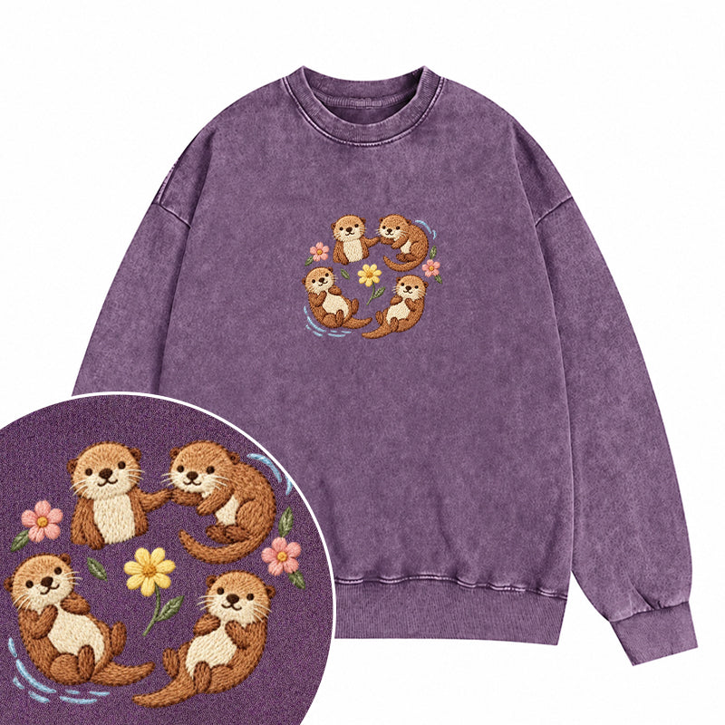 Embroidered Sea Otters And Flowers Washed Crewneck Sweatshirt