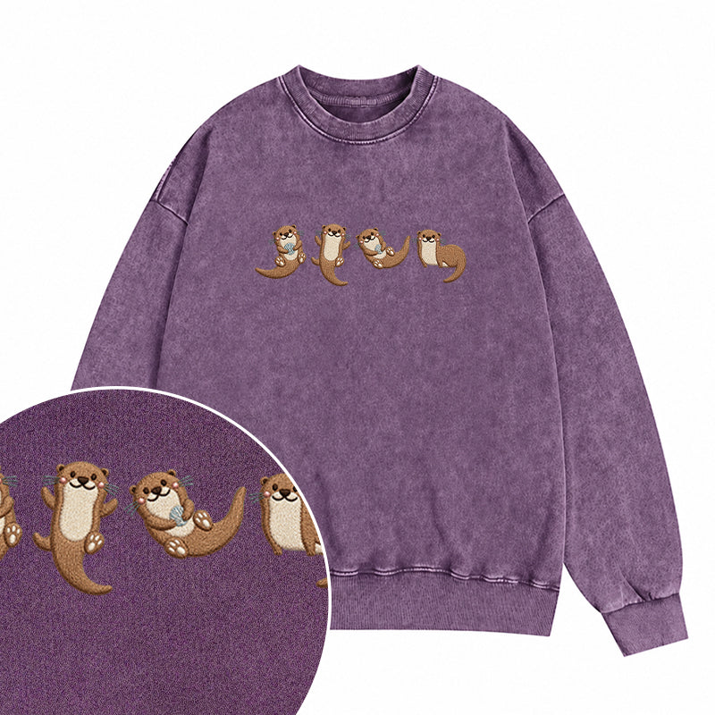 Embroidered Cute Otters Washed Crewneck Sweatshirt