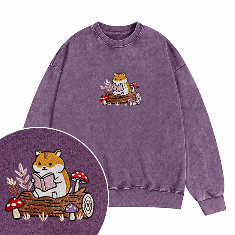 Embroidered Hamster Reading Books Washed Crewneck Sweatshirt
