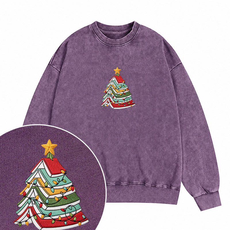 Embroidered Book Christmas Tree Washed Crewneck Sweatshirt