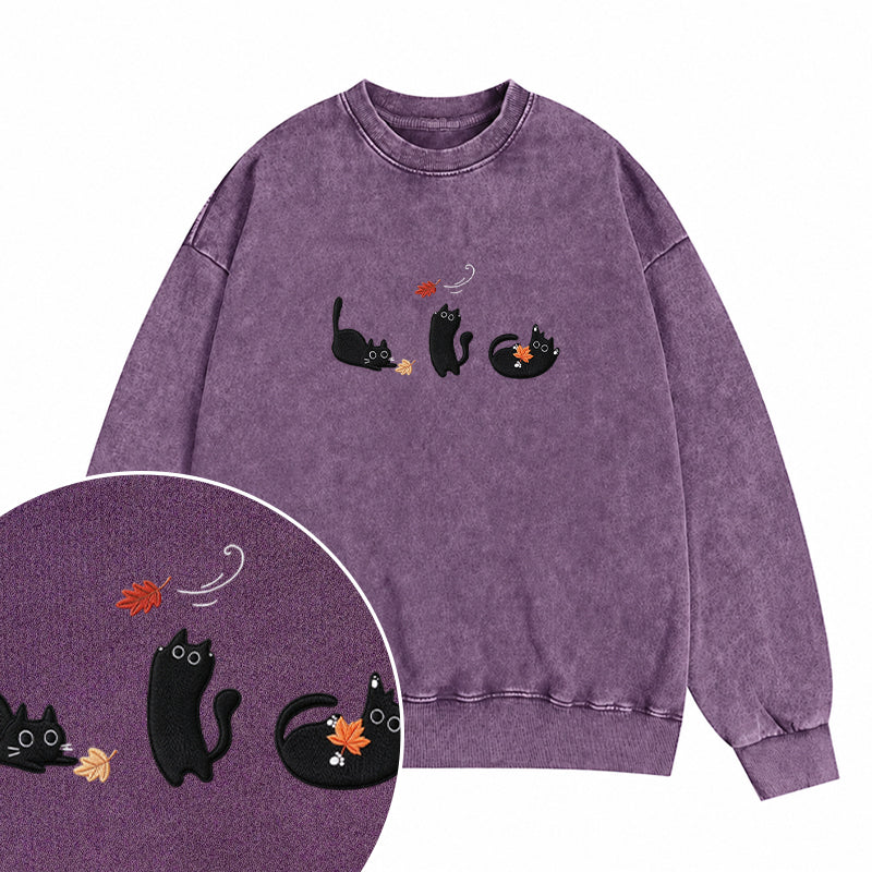Embroidered Black Cats and Fall Leaves Washed Crewneck Sweatshirt