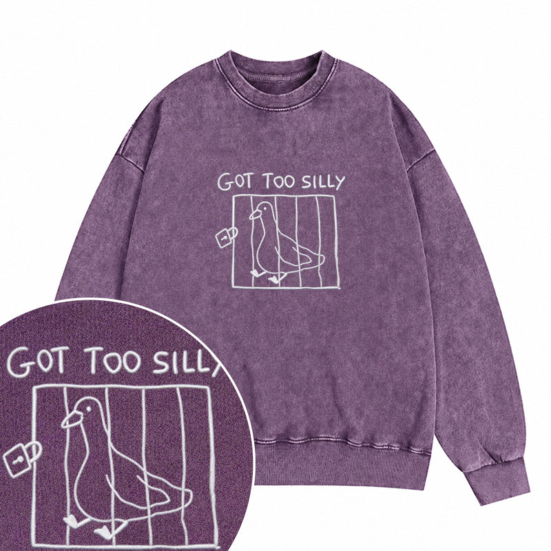 Embroidered Goose Got Too Silly Washed Crewneck Sweatshirt