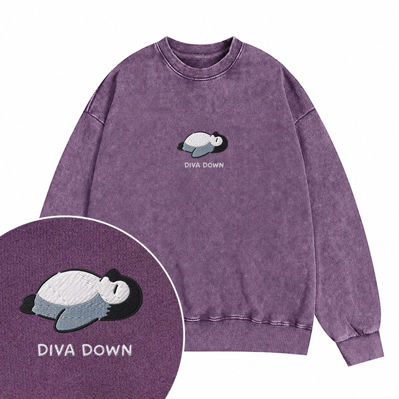 Embroidered Diva Down Penguin Washed Crewneck Sweatshirt
