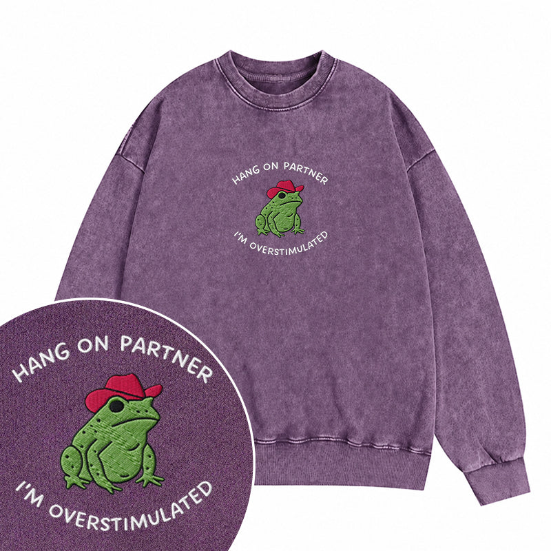 Embroidered Hang On Partner Cowboy Frog Washed Crewneck Sweatshirt