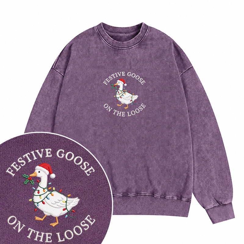 Embroidered Festive Goose On The Loose Washed Crewneck Sweatshirt