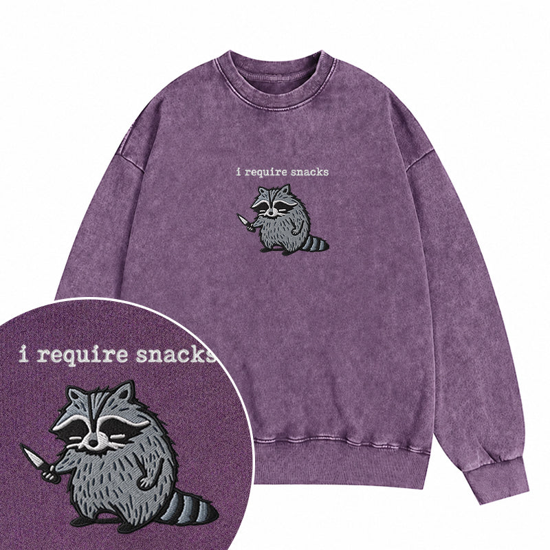 Embroidered Raccoon I Require Snacks Washed Crewneck Sweatshirt