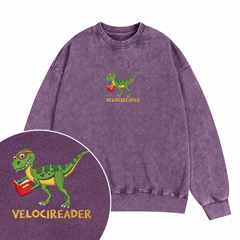 Embroidered Velocireader Dinosaur Reading Washed Crewneck Sweatshirt