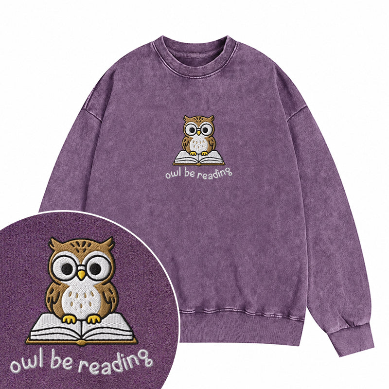 Embroidered Owl Be Reading Washed Crewneck Sweatshirt