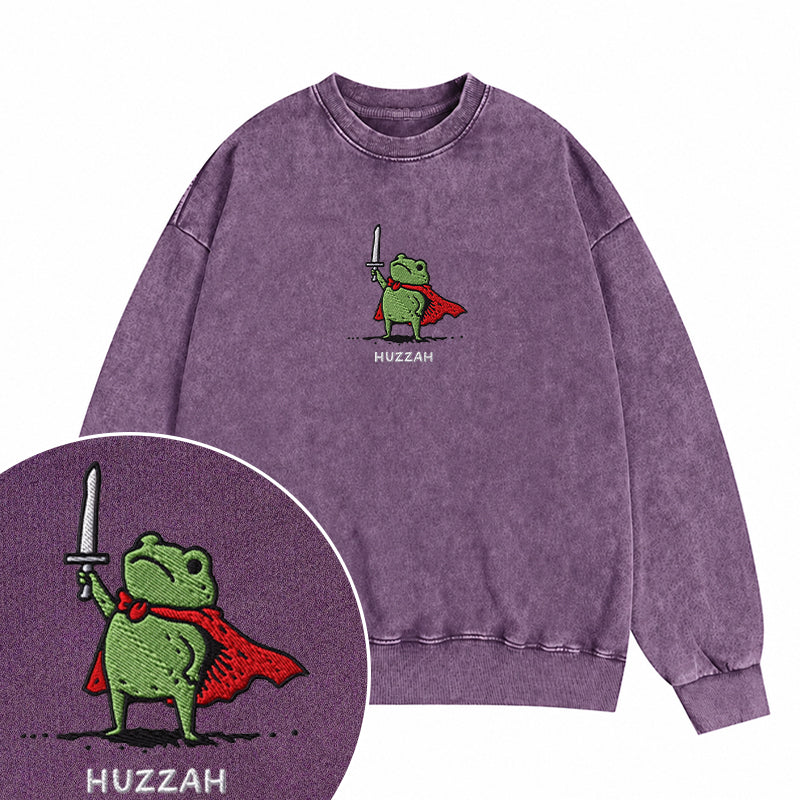 Embroidered Huzzah Frog with Sword Washed Crewneck Sweatshirt