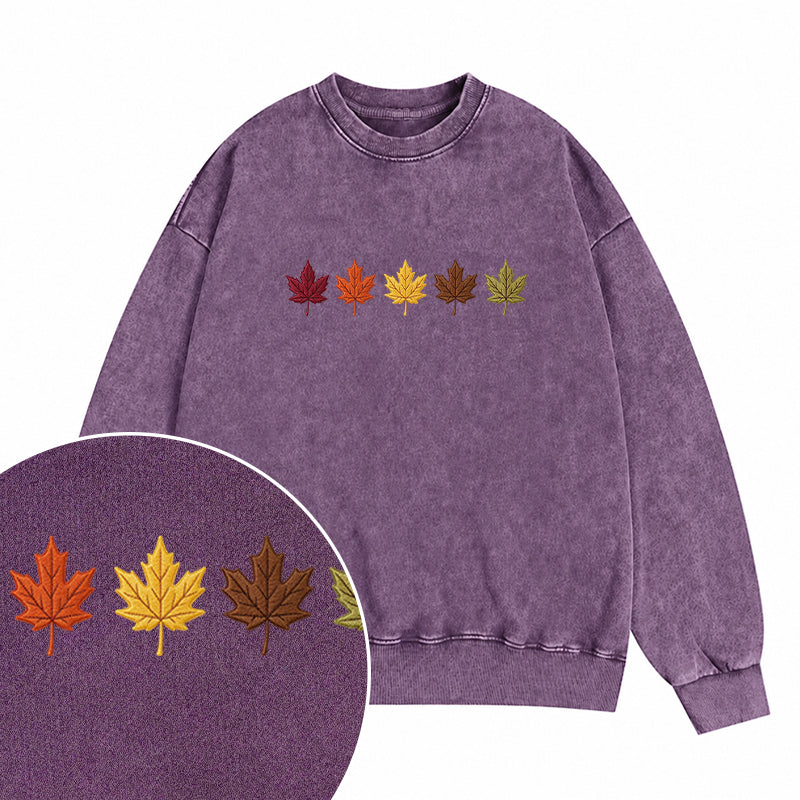 Embroidered Fall Maple Leaves Washed Crewneck Sweatshirt