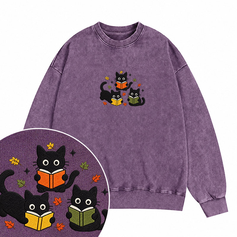 Embroidered Fall Black Cat Reading Books Washed Crewneck Sweatshirt