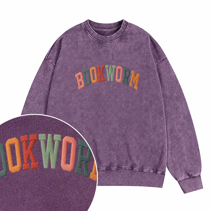 Embroidered Colorful Bookworm Washed Crewneck Sweatshirt