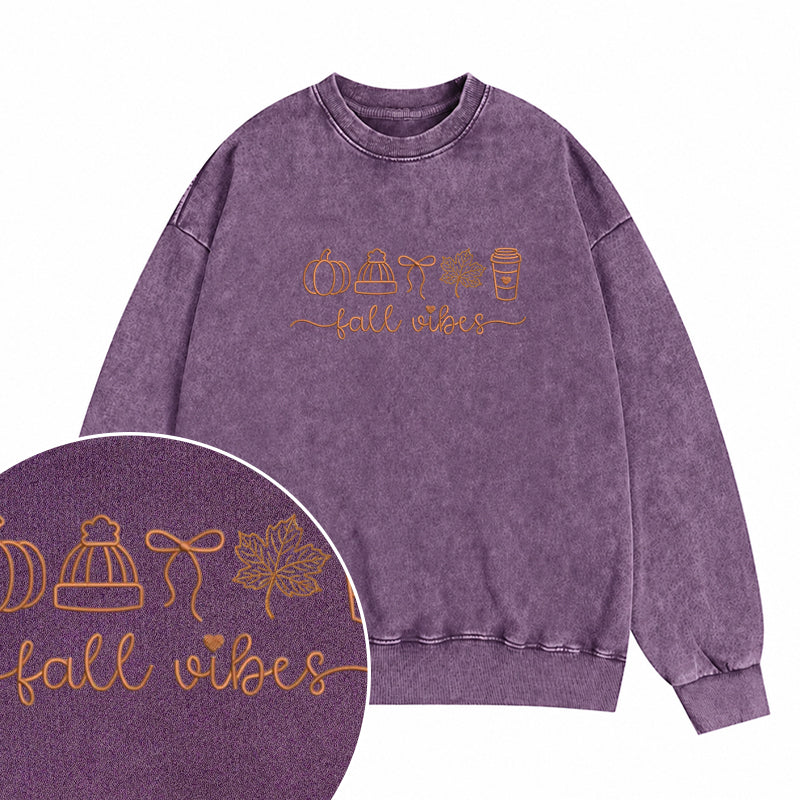 Embroidered Fall Vibes Washed Crewneck Sweatshirt
