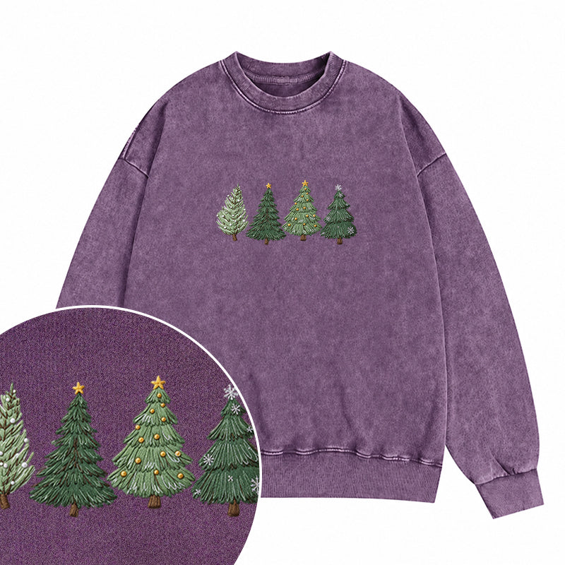 Embroidered Christmas Trees Washed Crewneck Sweatshirt